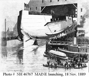 Launching, at the New York Navy Yard, 18 November 1889. Engraving copied from Scientific American magazine, Vol. 45, 1898.