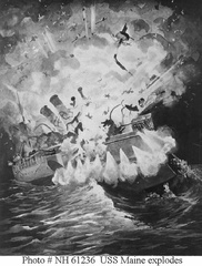 The Maine is destroyed by explosion, in Havana Harbor, Cuba, 15 February 1898. Artwork, copied from the contemporary publication Uncle Sam's Navy.