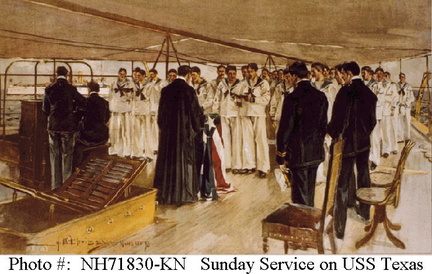 &quot;Assembling the Fleet at Key West -- Sunday Service on the Battleship Texas.&quot; Colored print after a painting by Howard Chandler Christy, March 1898, copyright 1898 by P.F. Collier. Ship in the left background is USS New York.