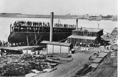 The USS Monadnock is seen on the building ways at Continental Iron Works, later Aden Shipyard, ready for launching on 19 Sept 1883. The shipyard was located in Vallejo, California across the river from Mare Island Navy Yard at the foot of Santa Clara stre