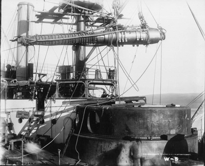 One on the USS Monadnock's 15&quot; guns is installed in her after turret on 6 Jan 1896 at Mare Island Navy Yard.