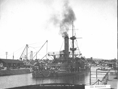 The USS Monadnock is seen entering dry dock 1 at Mare Island Naval Yard on 21 Apr 1898.