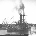 The USS Monadnock is seen entering dry dock 1 at Mare Island Naval Yard on 21 Apr 1898.