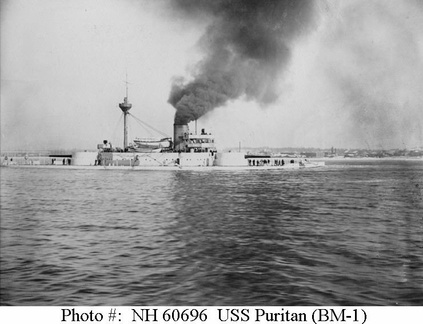 USS Puritan (BM-1) in port, broadside view, location unknown. Photographed circa 1896-99.