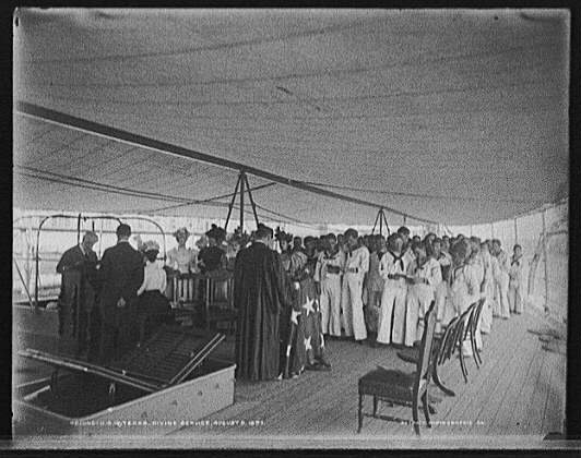 Original photograph of &quot;Assembling the Fleet at Key West -- Sunday Service on the Battleship Texas.&quot; Ship in the left background is USS New York.